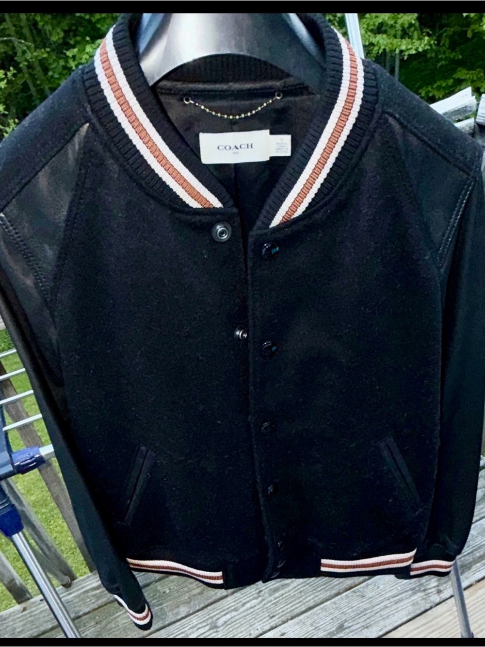 Coach Black Varsity Jacket with Brown & White Trim